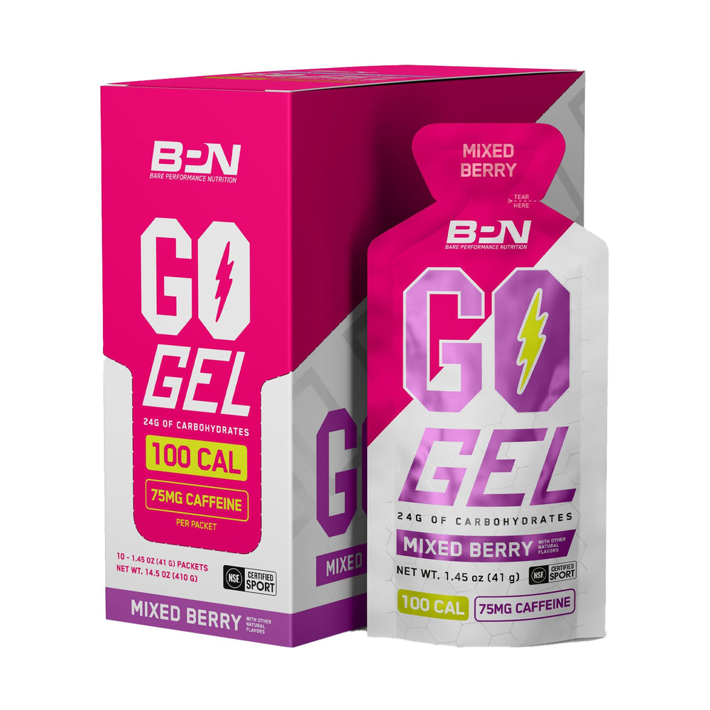 Front view of BPN Go Gel Endurance mixed berry 10-pack