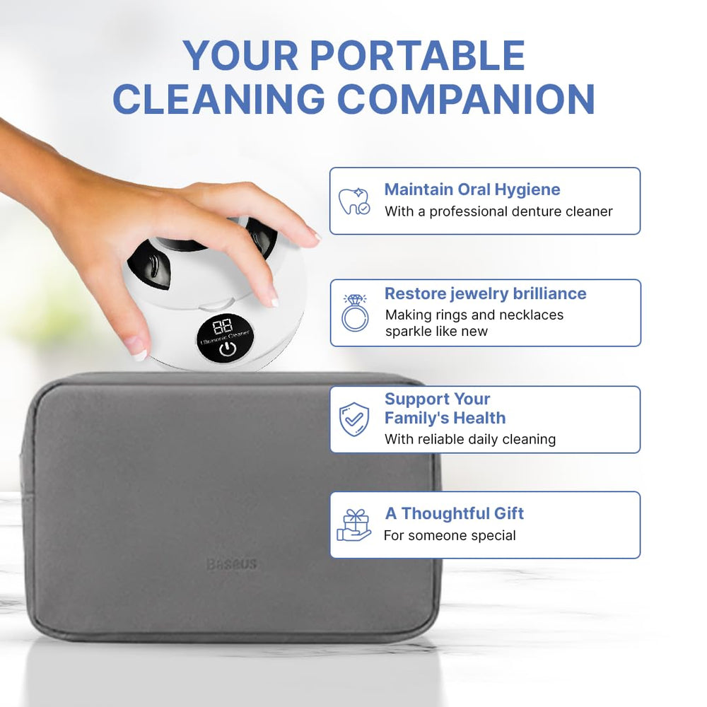 Cleans braces, mouth guards and jewelry with the device