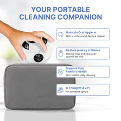 Cleans braces, mouth guards and jewelry with the device