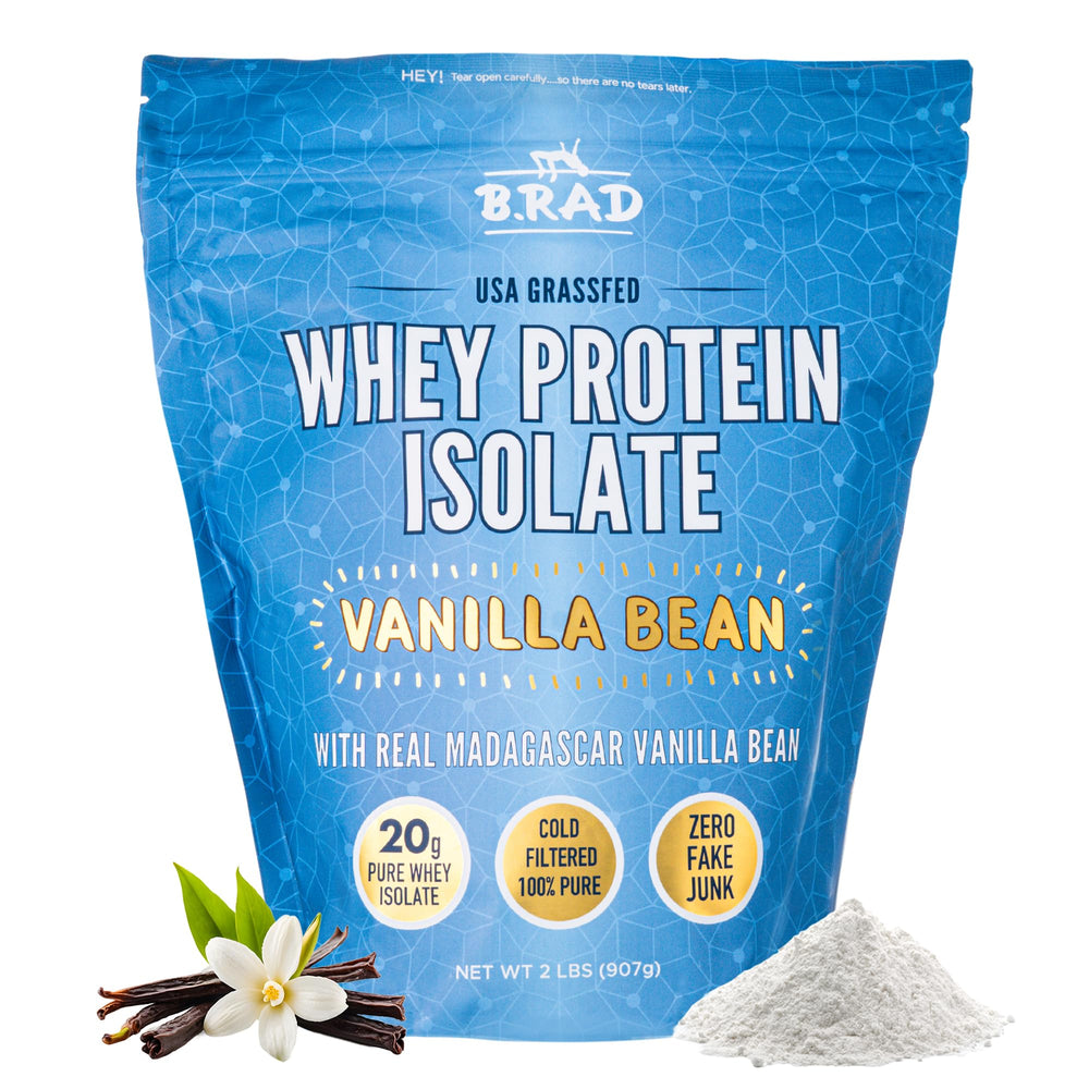B.rad Grass Fed Whey Protein Isolate 2lb bottle front supports clean post-workout recovery.