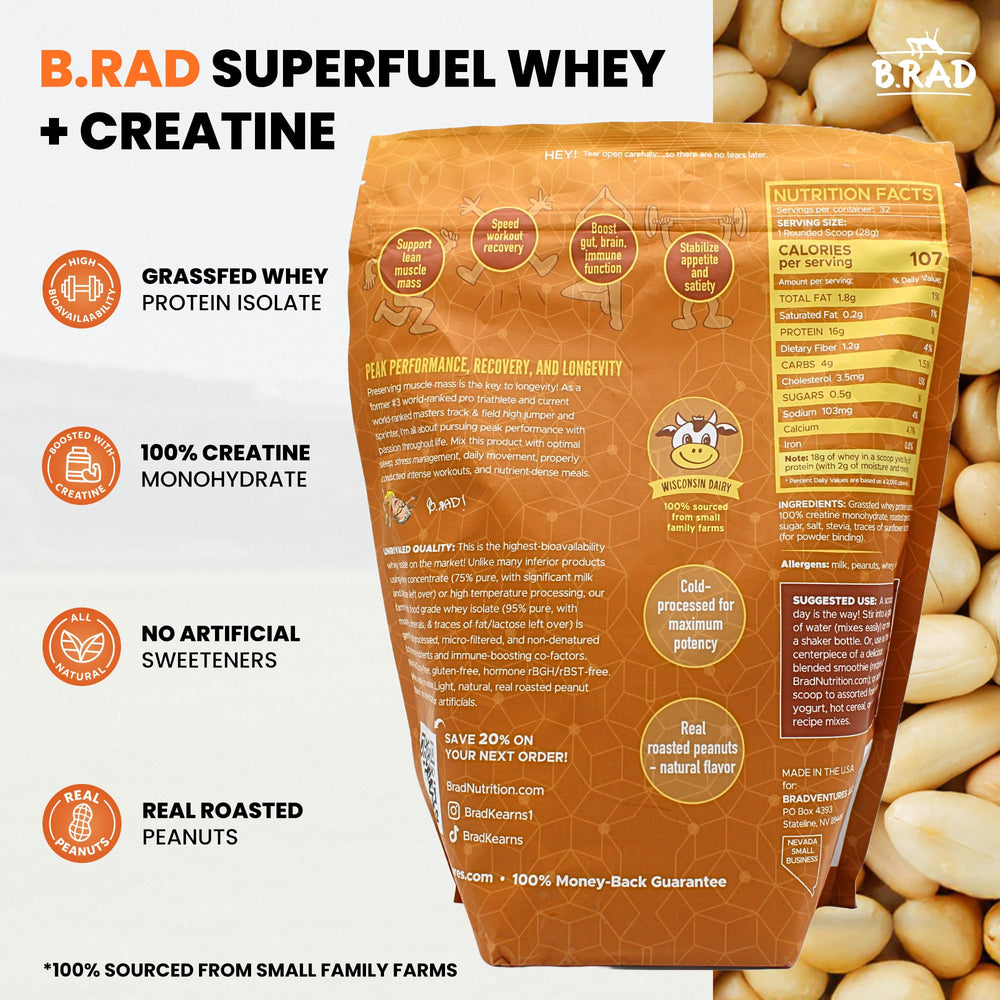 B.rad Superfuel grass-fed whey close-up emphasizes 95 percent purity and smooth digestibility.