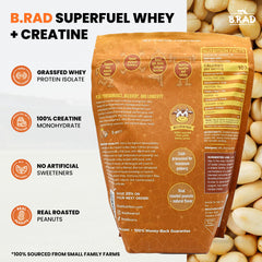 B.rad Superfuel grass-fed whey close-up emphasizes 95 percent purity and smooth digestibility.
