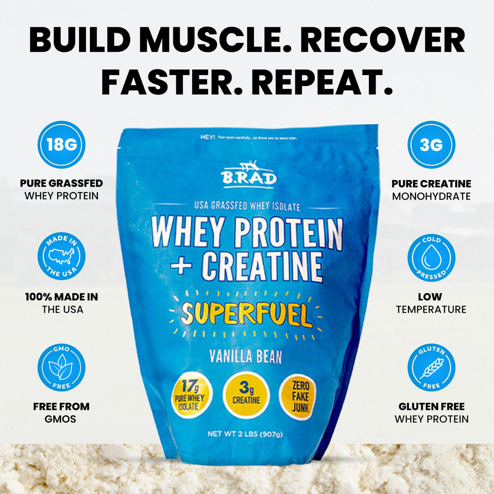 B.rad grass-fed whey ingredient closeup emphasizes clean dairy nutrition.