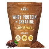 B.rad Superfuel tub-front shows grass-fed whey and creatine for recovery support.
