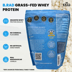 B.rad Whey Isolate Vanilla Bean scoop highlights flavor for delicious shakes.