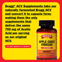 Close-up of Bragg ACV capsules showing 1877mg ACV blend per serving