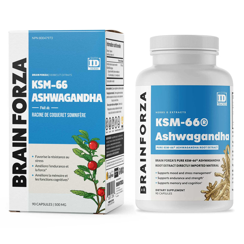 Brain Forza KSM-66 Ashwagandha label highlights gluten free and vegetarian status.