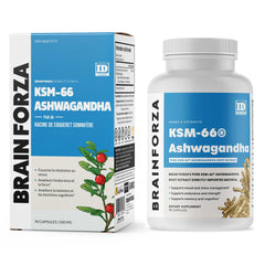 Brain Forza KSM-66 Ashwagandha label highlights gluten free and vegetarian status.