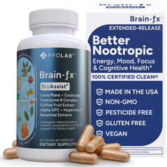 Bottle of Brain-fx B Vitamins & Herbs nootropic supplement on a clean background