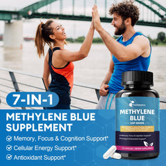 Brain health and cognitive support illustration featuring methylene blue capsules
