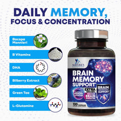 Memory supplement bottle placed next to a computer keyboard for focus study setting