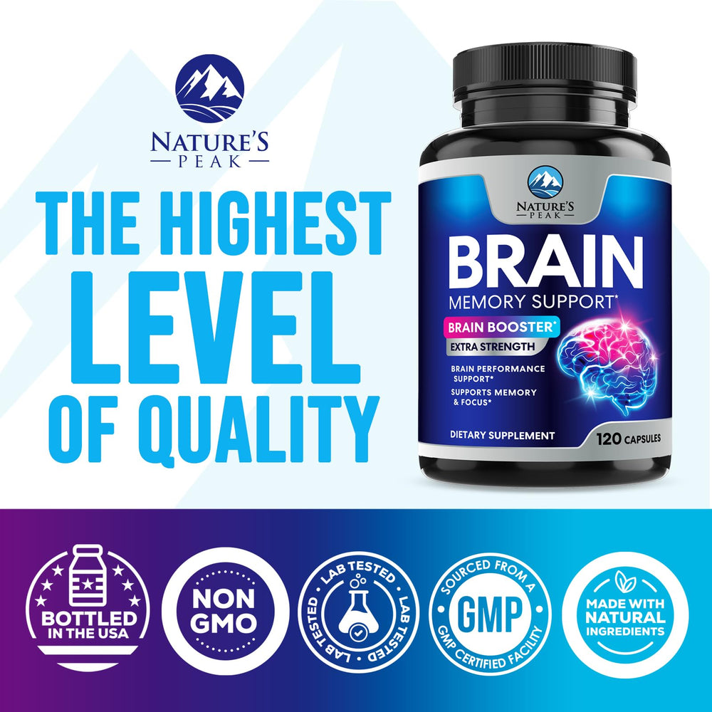 Brain memory supplement bottle on a wooden desk