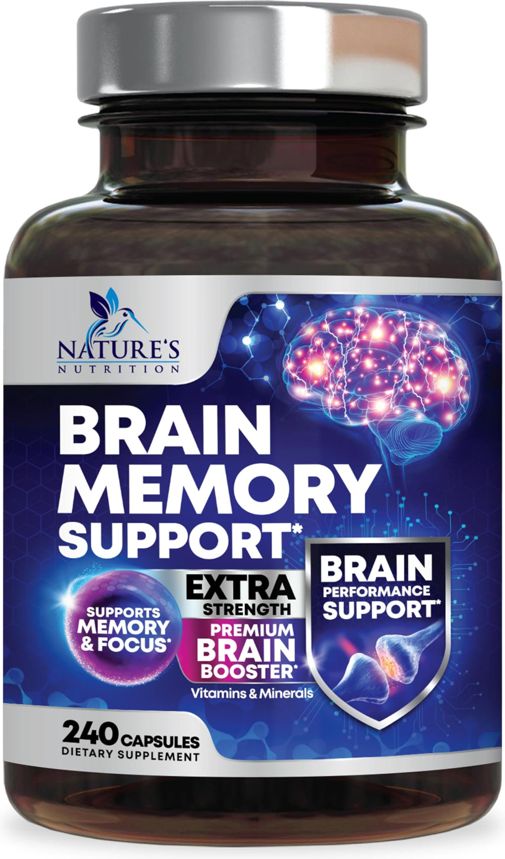 Bottle of Brain Memory Supplement Pills with 240 capsules