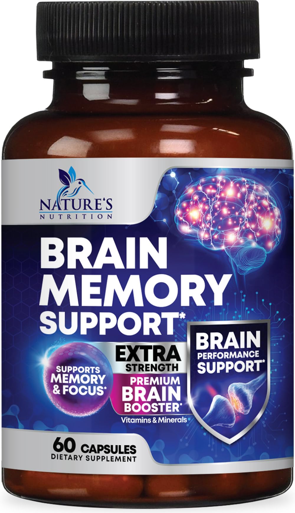 Front view of Brain Memory Supplement Pills bottle with 60 capsules