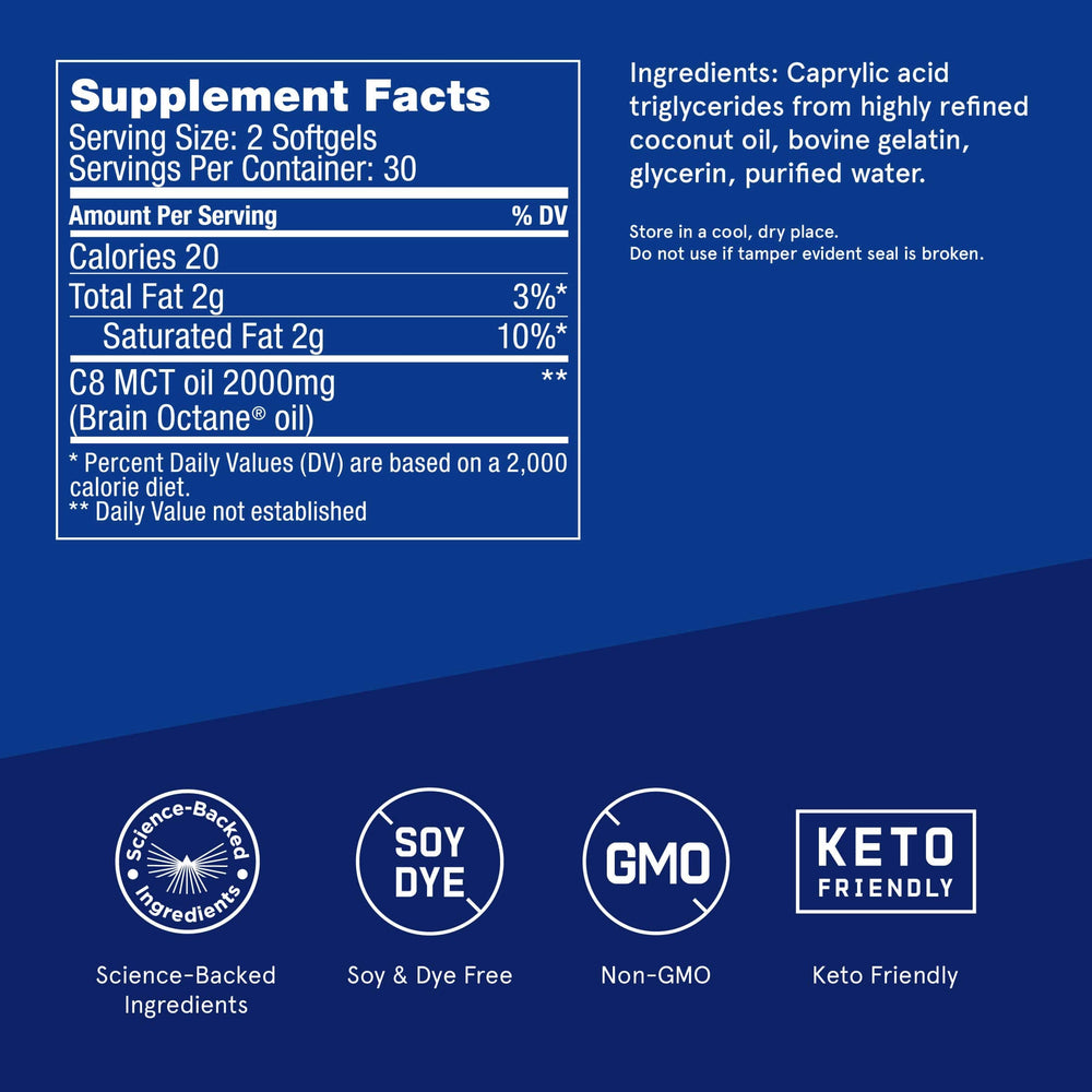 Close-up of Brain Octane Softgels bottle label