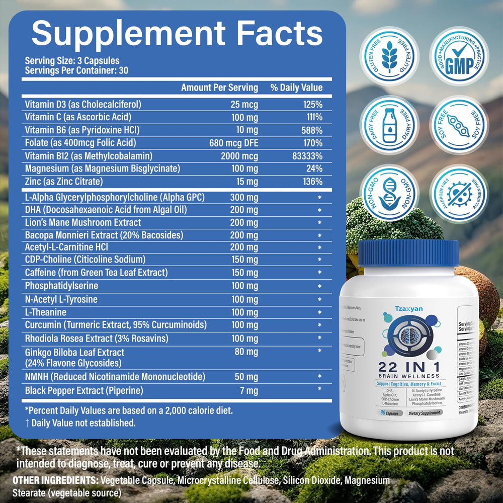 Assorted brain health vitamins and minerals for daily wellness