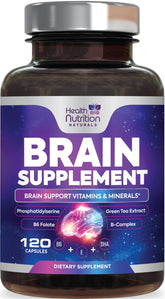 Bottle of brain supplements for memory and focus