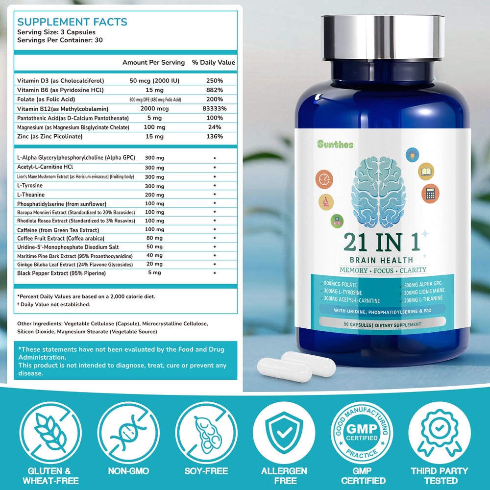 Adult studying with brain health supplement bottle