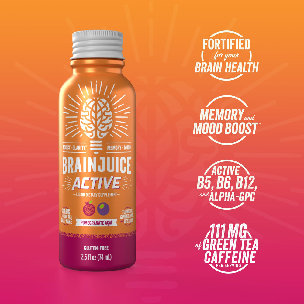 BrainJuice Active shot berry flavor close-up highlighting daily brain support.