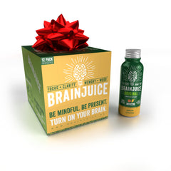 BrainJuice brain-support-shot Peach Mango bottle pour shows quick energy and focus boost.