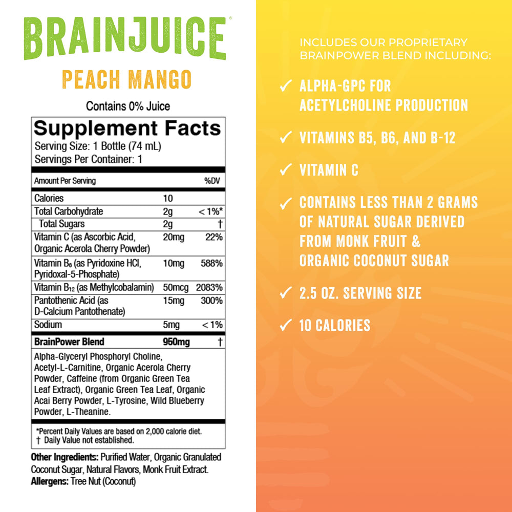 BrainJuice brain-support-shot Peach Mango glass shot showcases convenient, fast-acting refreshment for focus.