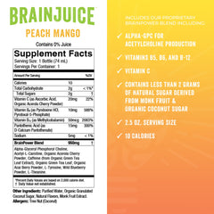 BrainJuice brain-support-shot Peach Mango glass shot showcases convenient, fast-acting refreshment for focus.