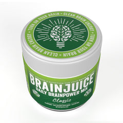 BrainJuice Classic ingredients list highlights Alpha-GPC and L-Theanine for focus.
