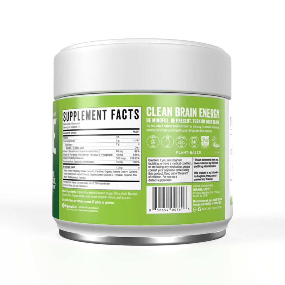 BrainJuice Classic smoothie or water mix for a flavorful energy lift.