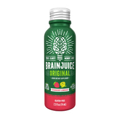 BrainJuice energy shot in glass for on-the-go cognitive boost.