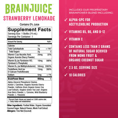 BrainJuice energy shot ingredients panel highlights Alpha-GPC and B vitamins.
