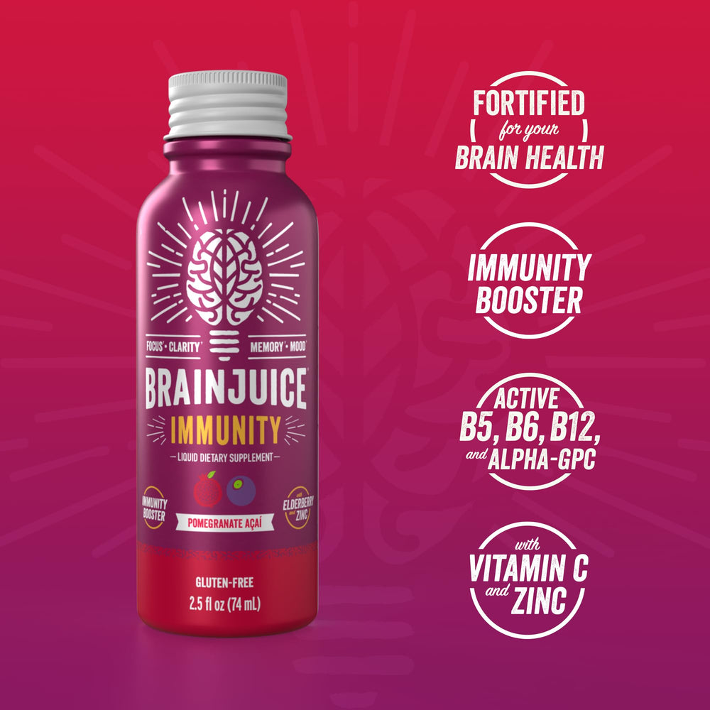 Close-up of BrainJuice Immunity Shot bottle label showing Pomegranate Acai flavor