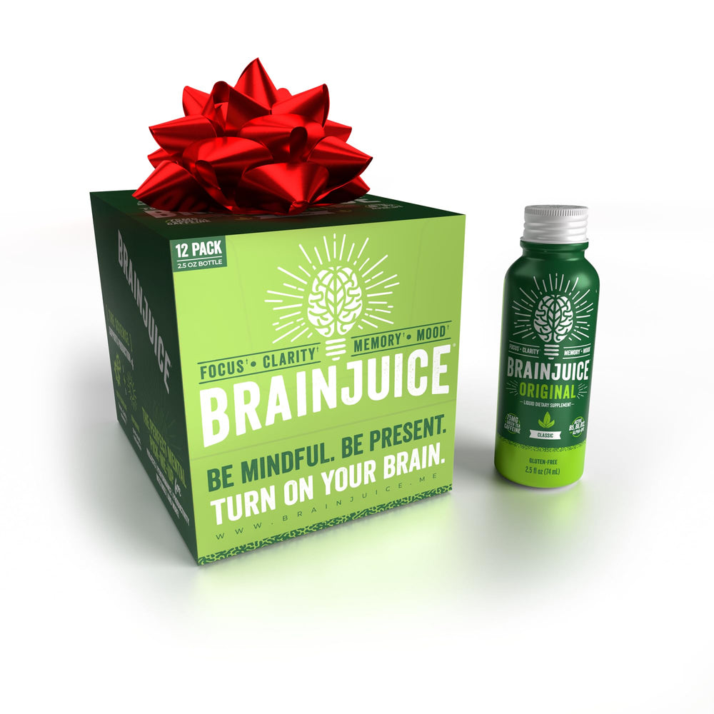 BrainJuice shot bottle closeup highlighting focus-boosting formula for sharp thinking