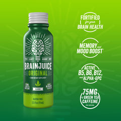 BrainJuice shot bottle pour showing easy on-the-go energy for quick alertness