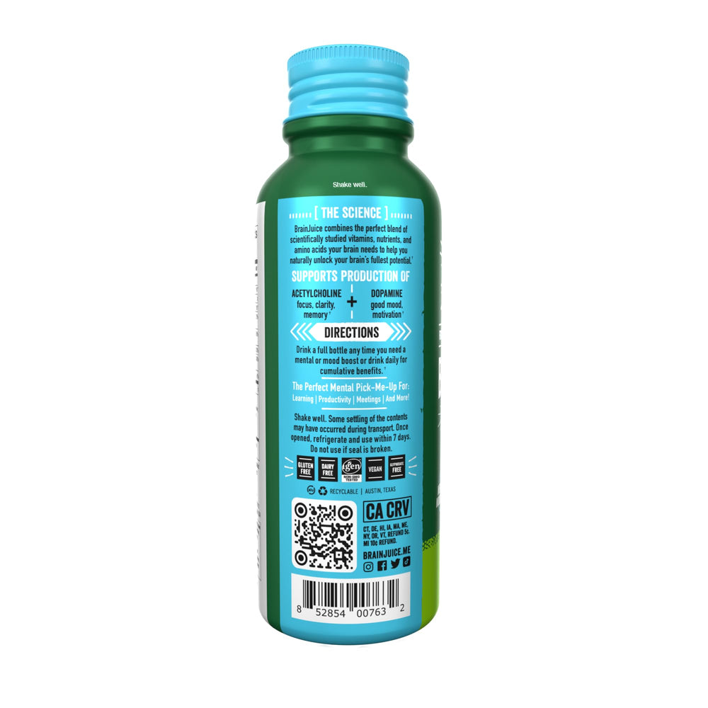 BrainJuice shot in hand ready-to-drink for quick study breaks.