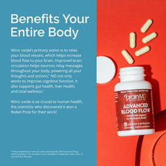 BrainMD Advanced Blood Flow on kitchen counter indicates easy vegan gluten-free daily supplementation.