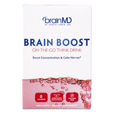 BrainMD Brain Boost on the Go berry packet ready to mix for focused energy.