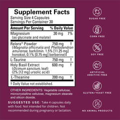 Ingredients: magnesium, holy basil, taurine, L-theanine, magnolia, and Phellodendron amurense bark