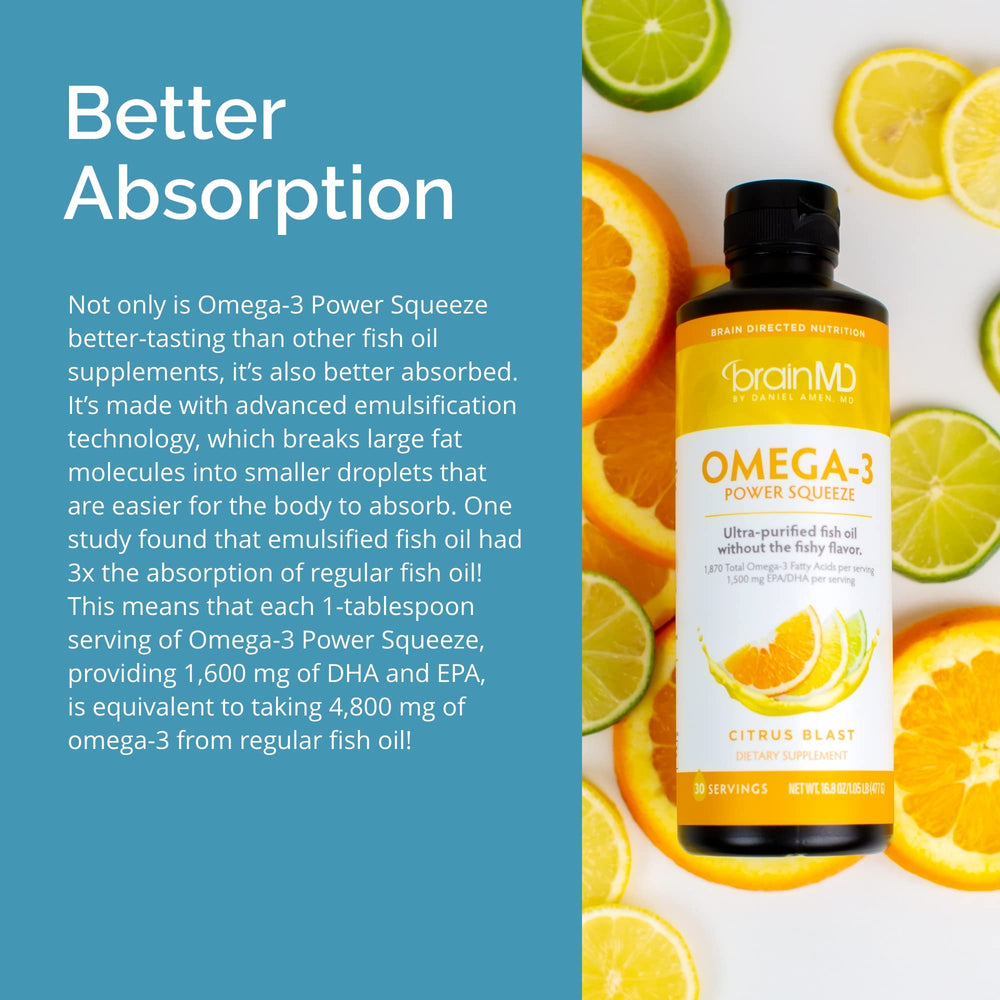 Gluten-free badge and product information for BrainMD Omega-3 Power Squeeze Citrus Blast