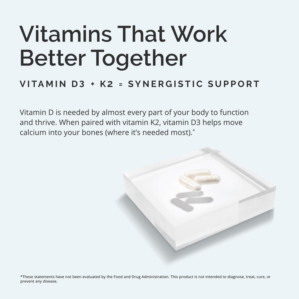 Illustration showing D3 and K2 synergy for bones and cognition