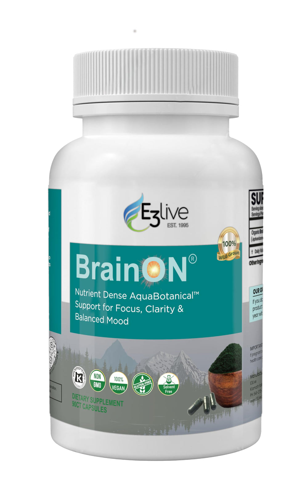 E3LIVE BrainON bottle – 90 count, packaging