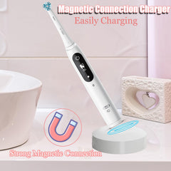 Front view of white Braun iO charging base with magnet