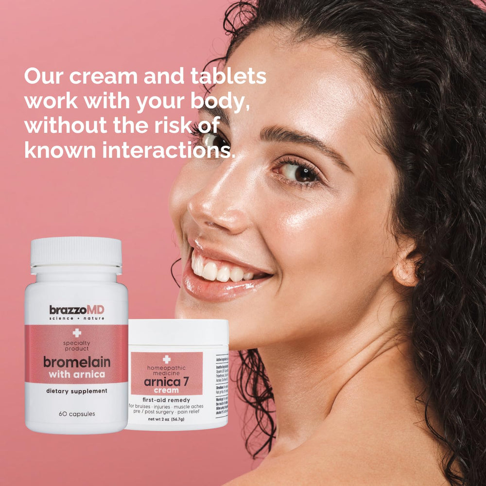 Packaging and dosage information for BrazzoMD Bromelain with Arnica 60 capsules