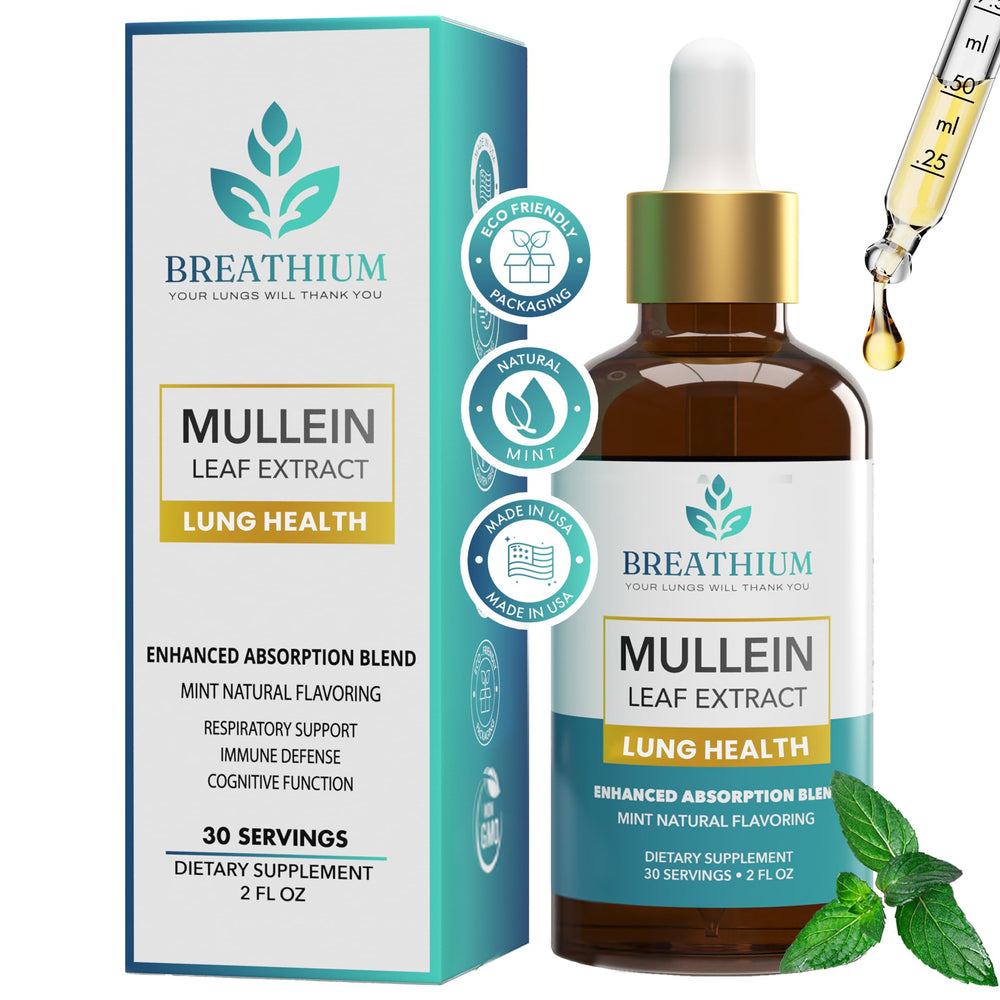 Breathium 4-in-1 Mullein Drops bottle with peppermint flavor (hero image)