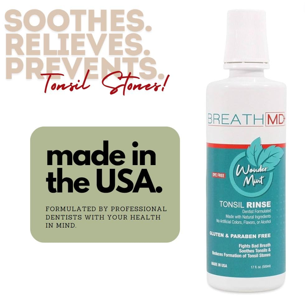 Close-up of BreathMD bottle showing Alcohol Free, Gluten Free, and Dye Free icons