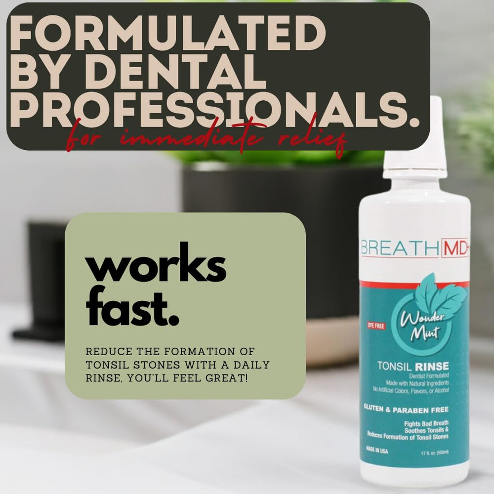 BreathMD Tonsil Rinse in a mouthwash cap ready for use