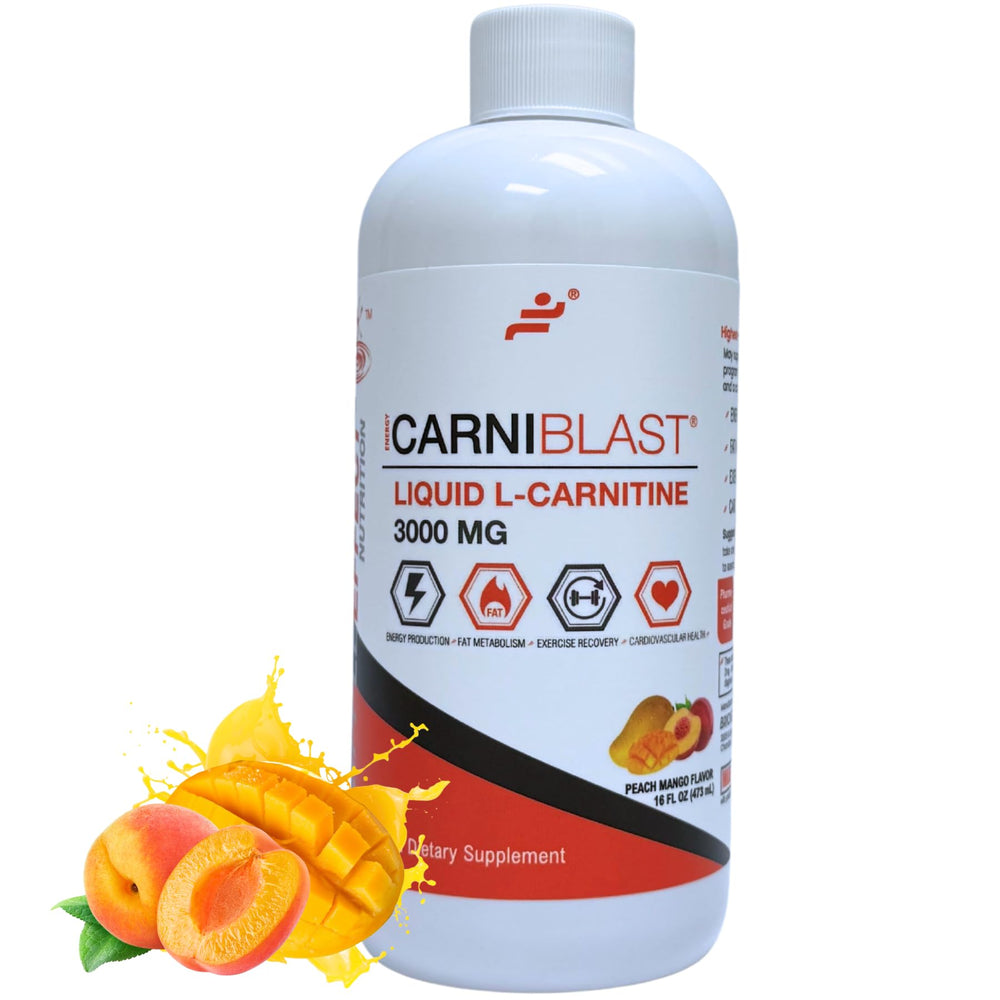 Bricker Labs Carniblast bottle with peach mango for daily energy support.