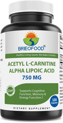 Brieofood Acetyl L-Carnitine Alpha Lipoic Acid 750 mg - 120 capsules bottle