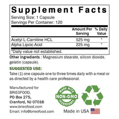 Close-up of Brieofood ALA ALC 750 mg capsules