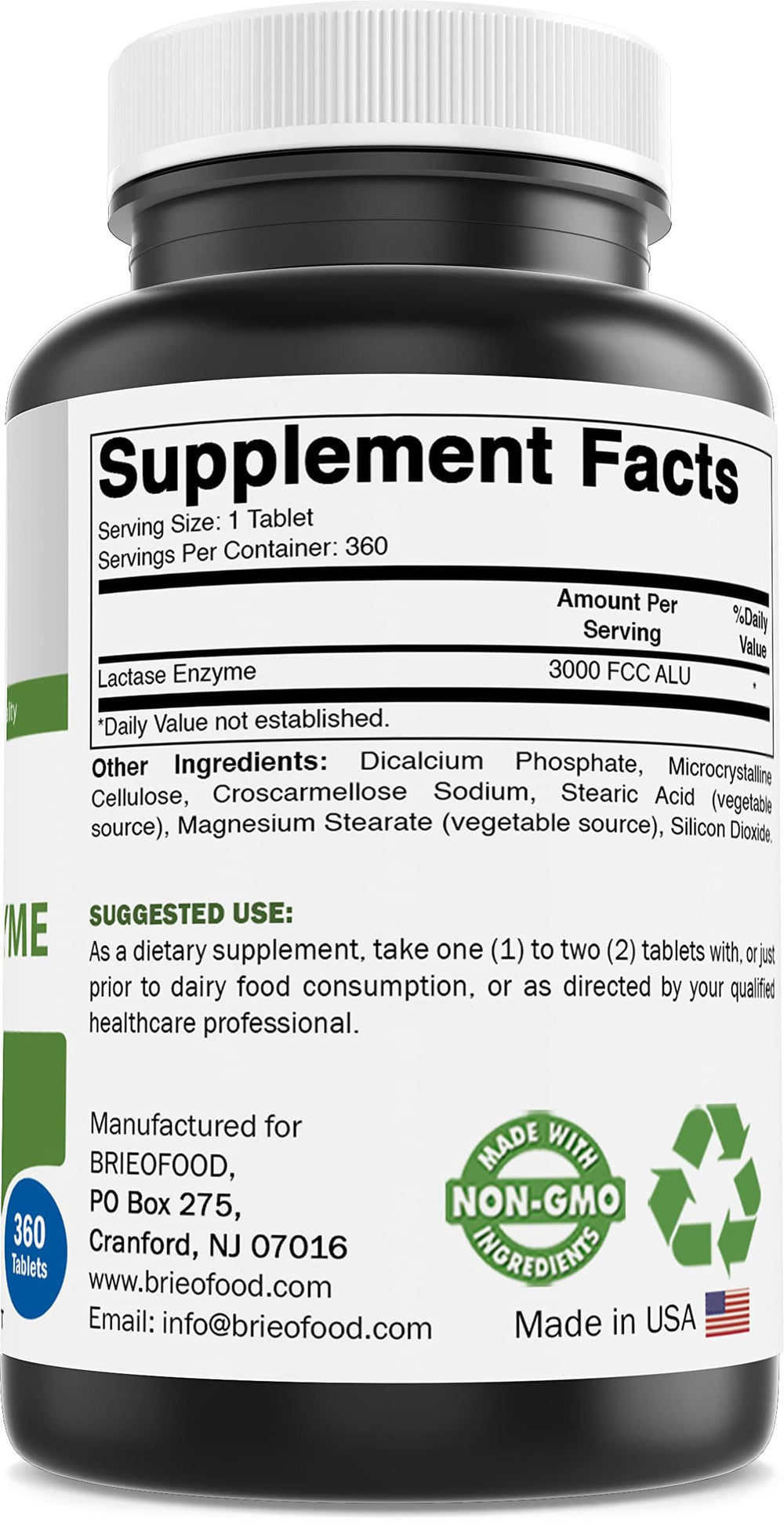 Brieofood Lactase Pills label showing 3000 FCC ALU per serving