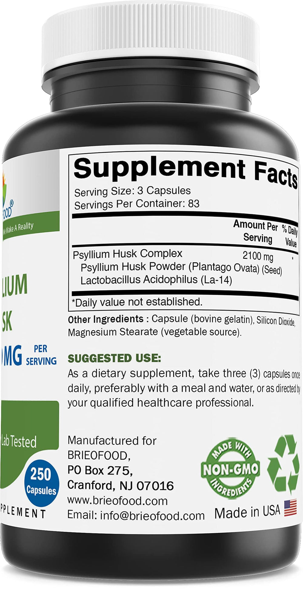 Close-up of capsules highlighting 2100 mg per serving
